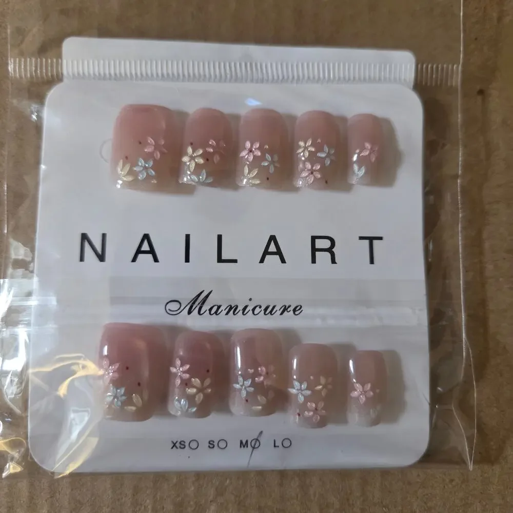 10 Pink Ombre Floral Press On Nails Short Square Reusable New Size Medium